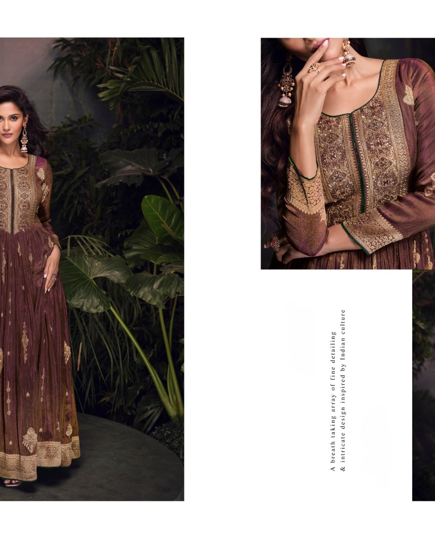5722 - WOVEN ART SILK JACQUARD LONG KURTA IN DARK BROWN 